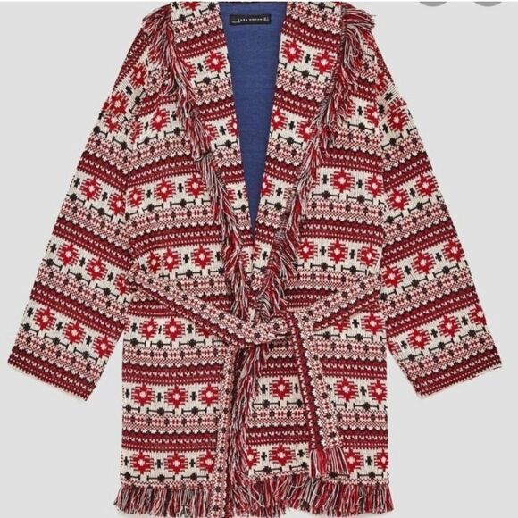 Zara M sweater cardigan, red, white Aztec, belt, fringe, western - Picture 1 of 16